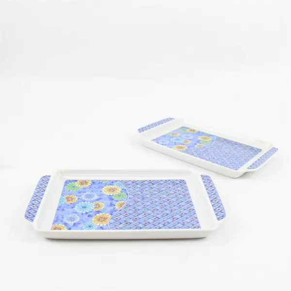 Lot 2 Polish Pottery Style Serving Trays Blue White Floral 5.5x9.5in