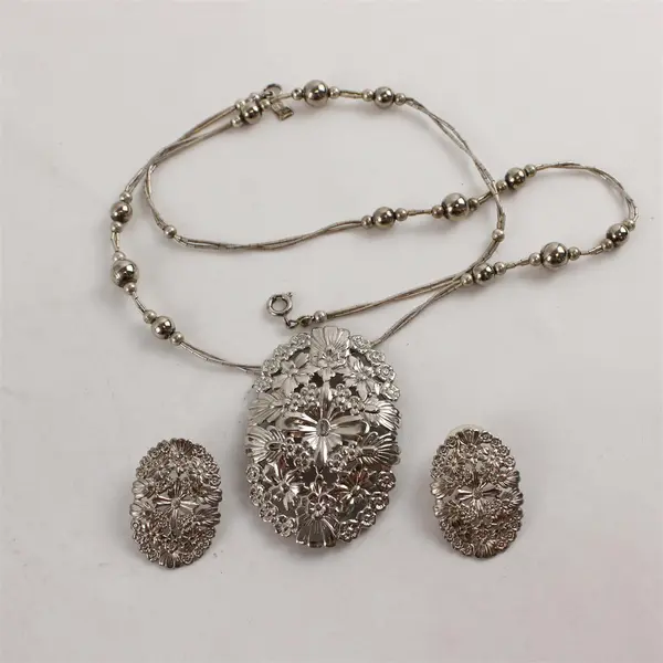 Vintage Karla Jordan Floral Design Silver-Tone Demi-Parure 3-Piece Jewelry Set