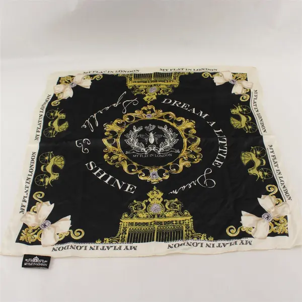 My Flat In London Silk Square Scarf Black Off-White Gold 18.5"