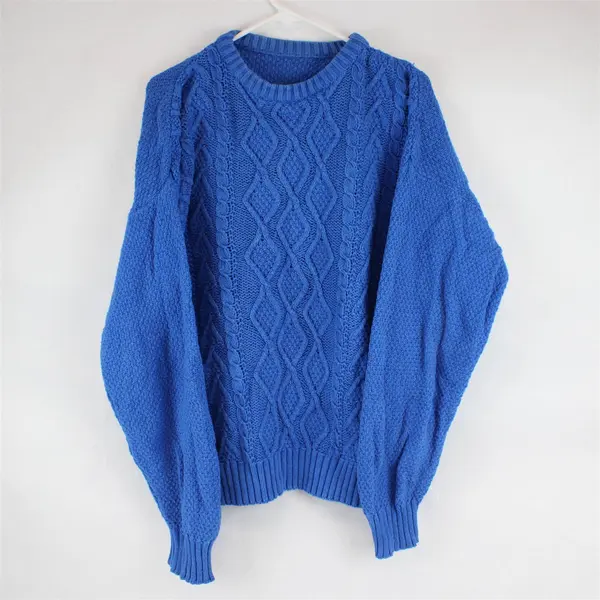 VTG Handmade Men's L/XL Blue Cotton Cable Knit Grandpa Sweater