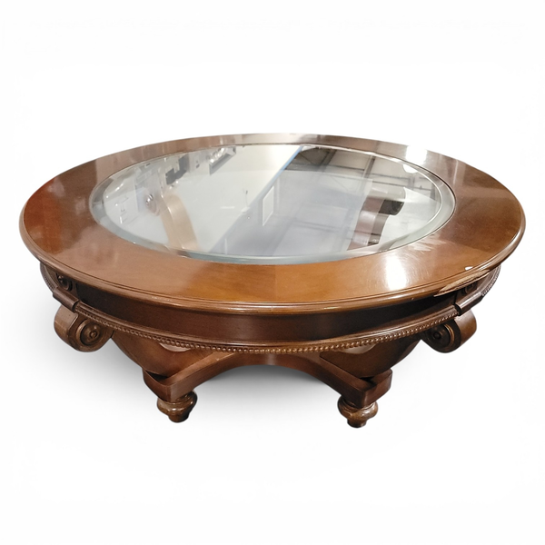 Vintage Round Glass Top Wood Coffee Table Traditional - Local Pickup Only