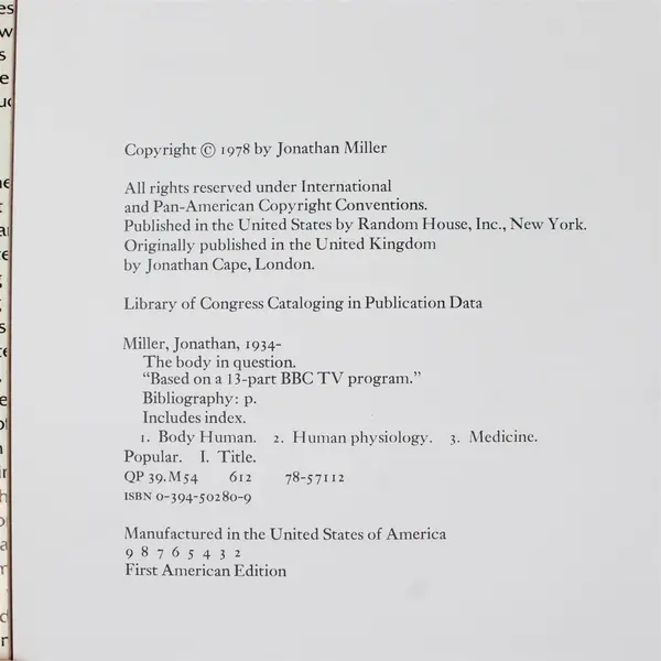 The Body in Question by Jonathan Miller 1978 Hardcover Dust Jacket