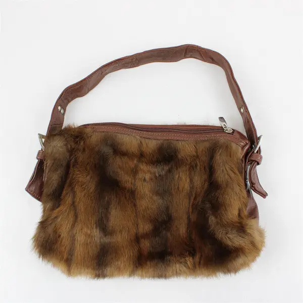 Brown Faux Fur Shoulder Bag Genuine Leather Strap