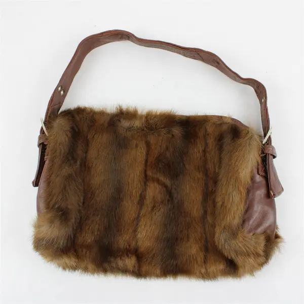 Brown Faux Fur Shoulder Bag Genuine Leather Strap