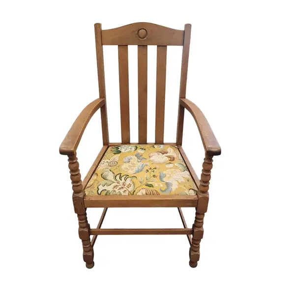 Vintage Oak Mission Style Arm Chair Floral Upholstered Seat Wood - Local Pickup