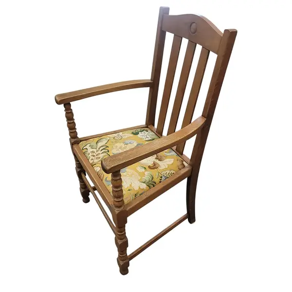 Vintage Oak Mission Style Arm Chair Floral Upholstered Seat Wood - Local Pickup