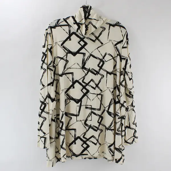 WynneLayers Turtleneck Blouse Top Creme With Black Abstract Square Design 2X
