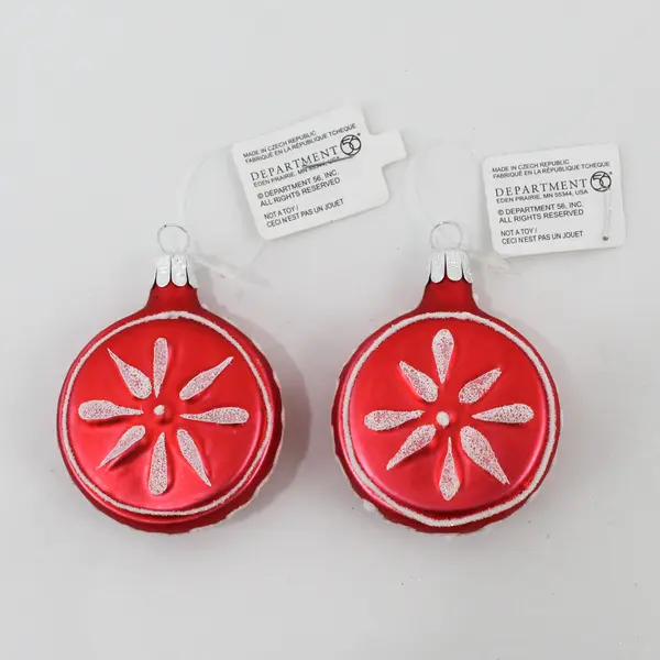 Lot of 2 Dept 56 Red Christmas Round Ornaments With White Snowflakes 