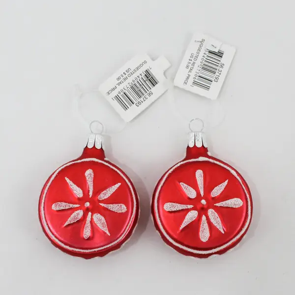 Lot of 2 Dept 56 Red Christmas Round Ornaments With White Snowflakes 