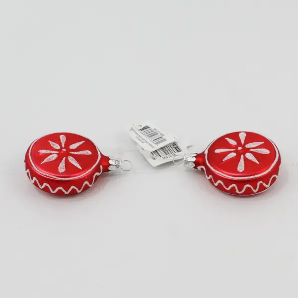 Lot of 2 Dept 56 Red Christmas Round Ornaments With White Snowflakes 