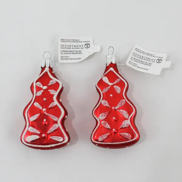 Lot of 2 Dept 56 Red Christmas Tree Style Ornaments With White Snowflakes 
