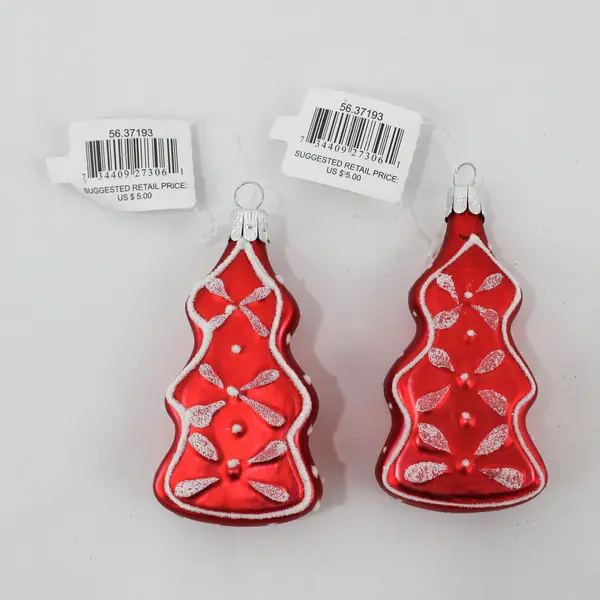 Lot of 2 Dept 56 Red Christmas Tree Style Ornaments With White Snowflakes 