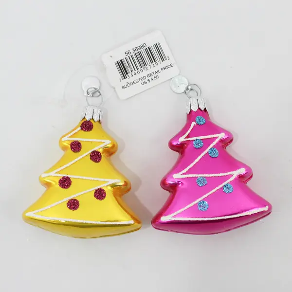 Lot of 2 Department 56 Christmas Tree Style Ornaments 1 Yellow 1 Pink 
