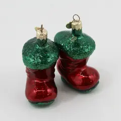 Lot of 2 Dept 56 Blown Glass Red Green Santa Boot Ornaments 3.5" Tall Good