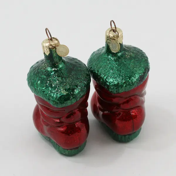 Lot of 2 Dept 56 Blown Glass Red Green Santa Boot Ornaments 3.5" Tall Good
