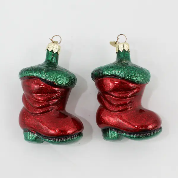 Lot of 2 Dept 56 Blown Glass Red Green Santa Boot Ornaments 3.5" Tall Good