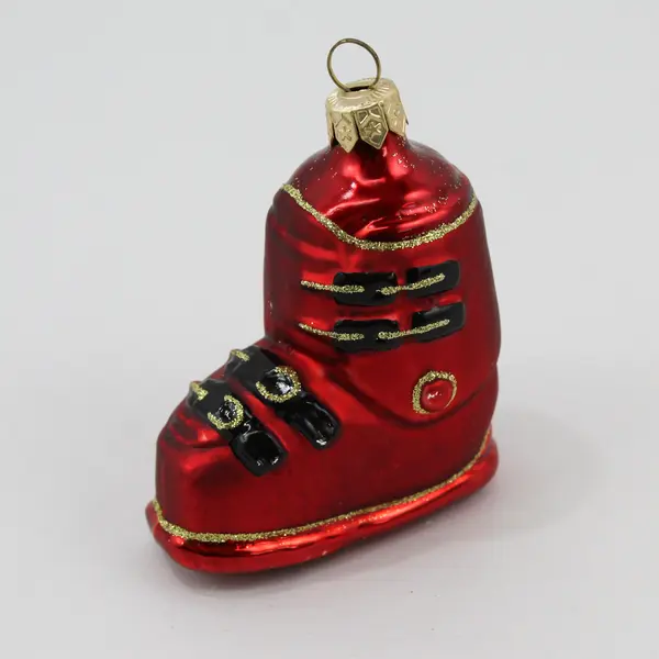 Vintage Red Gold & Black Ski Boot Glass Ornament Good Condition 3.5" Tall