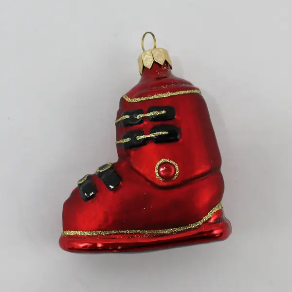Vintage Red Gold & Black Ski Boot Glass Ornament Good Condition 3.5" Tall
