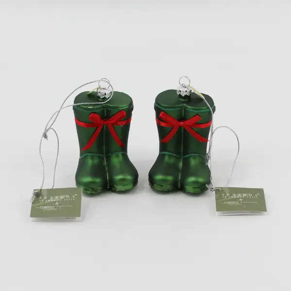 Lot of 2 Seasons of Cannon Falls Blown Glass Green Rain Boots Ornaments VG