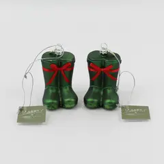 Lot of 2 Seasons of Cannon Falls Blown Glass Green Rain Boots Ornaments VG