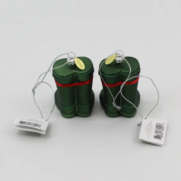 Lot of 2 Seasons of Cannon Falls Blown Glass Green Rain Boots Ornaments VG