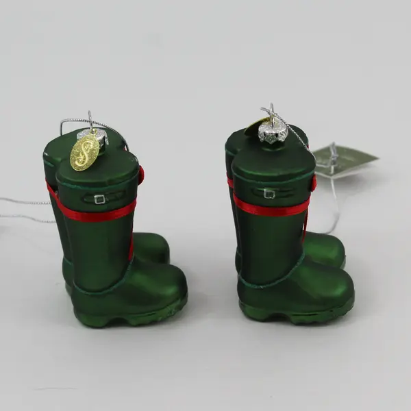 Lot of 2 Seasons of Cannon Falls Blown Glass Green Rain Boots Ornaments VG