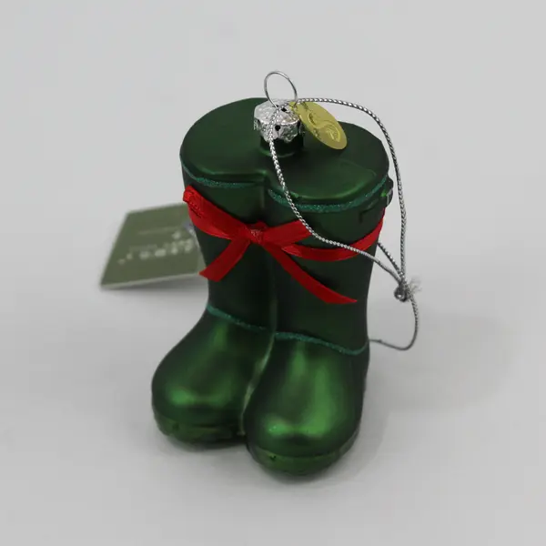 Lot of 2 Seasons of Cannon Falls Blown Glass Green Rain Boots Ornaments VG