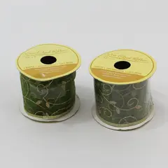 Lot of 2 Spools of Wire Edged Ribbon Curls 2.5"x9', gold on green #856019 68
