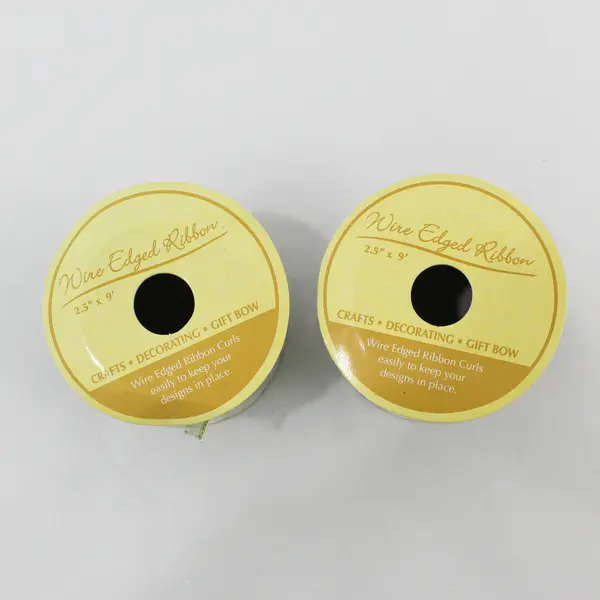 Lot of 2 Spools of Wire Edged Ribbon Curls 2.5"x9', gold on green #856019 68