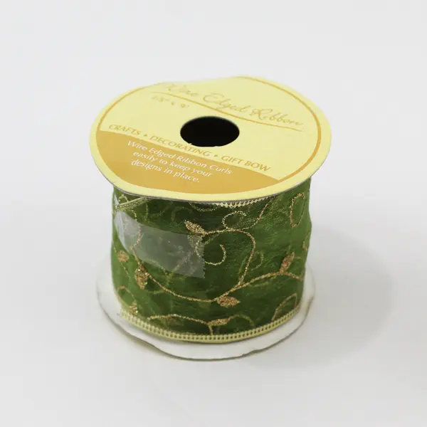 Lot of 2 Spools of Wire Edged Ribbon Curls 2.5"x9', gold on green #856019 68
