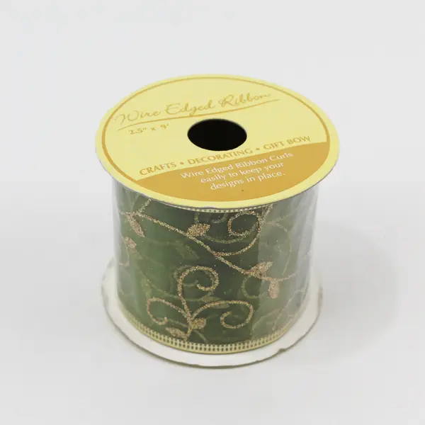 Lot of 2 Spools of Wire Edged Ribbon Curls 2.5"x9', gold on green #856019 68