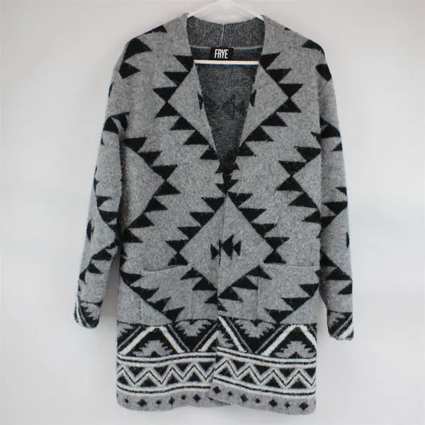 FRYE Women's M Gray & Black Southwestern Aztec Open Front Cardigan 