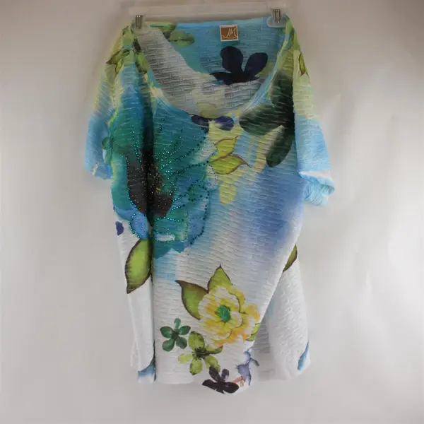 JM Collection Blue and Green Floral Print Bedazzled Top Women's XL