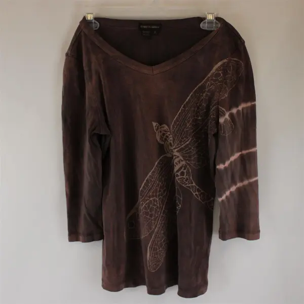 Royal Robbins Brown Dragonfly Print V-Neck Long Sleeve Top Women's S