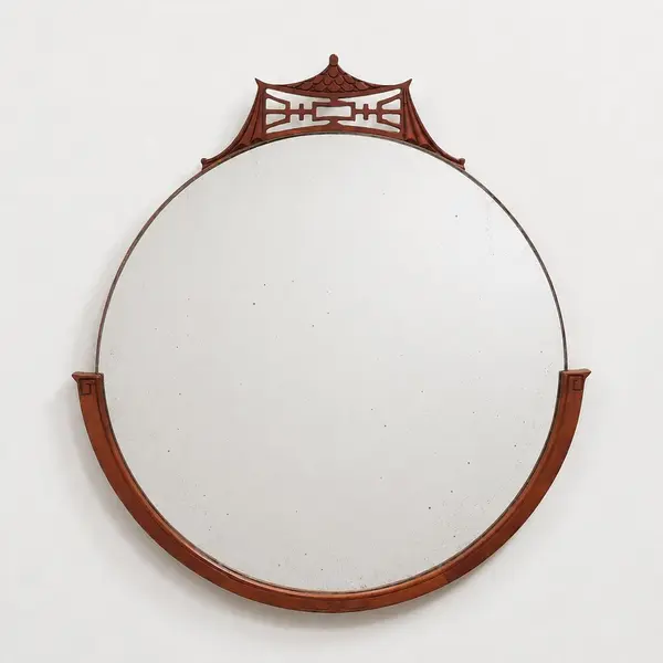 Vintage Asian Pagoda Round Wall Mirror Carved Wood Chinoiserie - Local Pickup