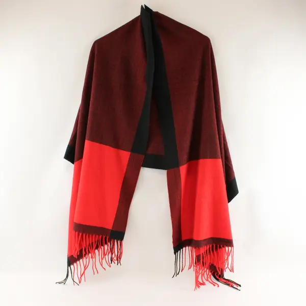 Large Womens Red and Black Color Block Scarf with Fringe