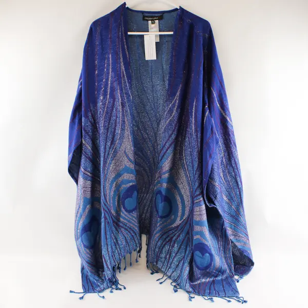 Colleen Lopez 2X/3X Blue Purple Metallic Shawl Wrap Tasseled