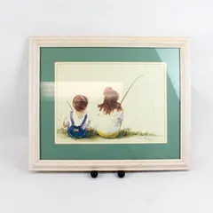 Kids Fishing Judy Buswell Signed Framed Watercolor Print 93/2900