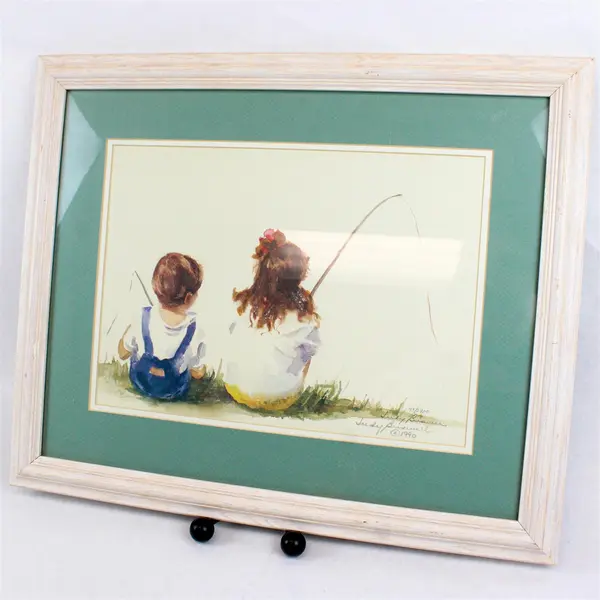 Kids Fishing Judy Buswell Signed Framed Watercolor Print 93/2900