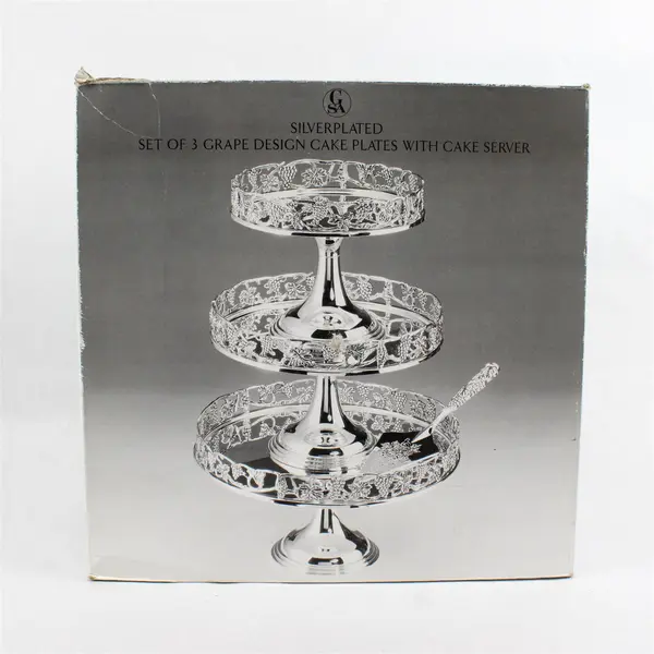 Godinger Silver Art Set of 3 Grape Design Cake Plates & Server Silverplate