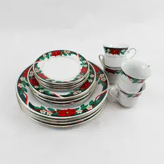 Tienshan Deck the Halls 16 Pc Dinner Set Service for 4 Plates Cups Saucers