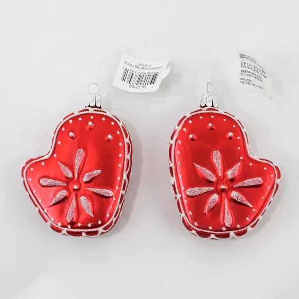 Lot of 2 Dept 56 Red Christmas Mittens With White Snowflakes 