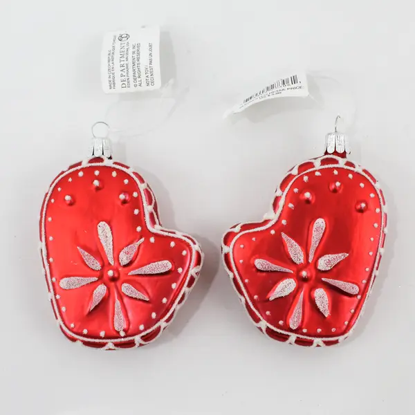 Lot of 2 Dept 56 Red Christmas Mittens With White Snowflakes 