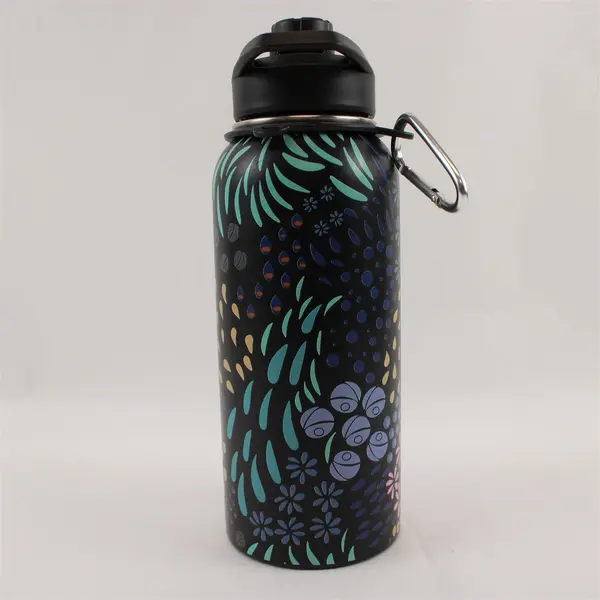 Stainless Steel Water Bottle Black Floral Motif 10.5in