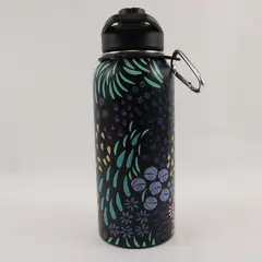 Stainless Steel Water Bottle Black Floral Motif 10.5in