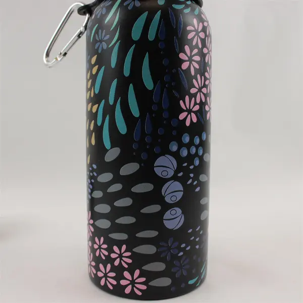 Stainless Steel Water Bottle Black Floral Motif 10.5in
