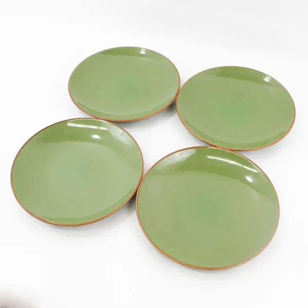 Set of 4 Gibson Green with Brown Rim Ceramic Salad Plates 8.5"