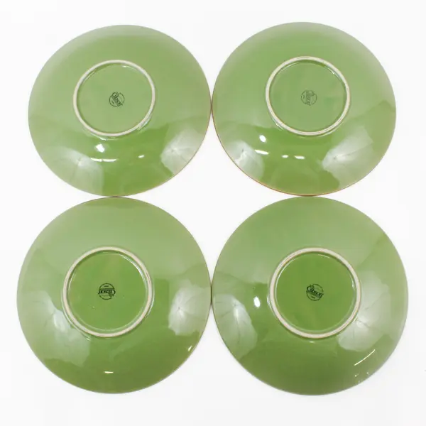Set of 4 Gibson Green with Brown Rim Ceramic Salad Plates 8.5"