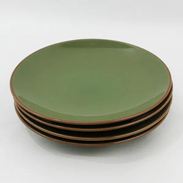 Set of 4 Gibson Green with Brown Rim Ceramic Salad Plates 8.5"