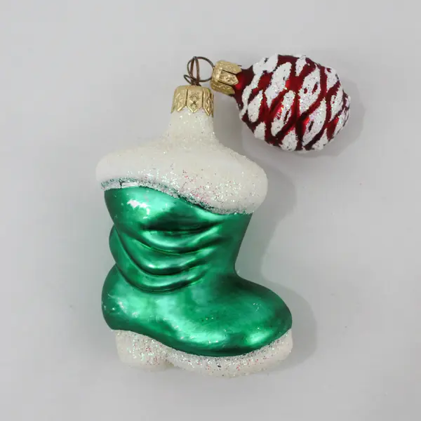 Dept 56 Blown Glass Green & White Santa Boot W/White & Red Pinecone Ornament